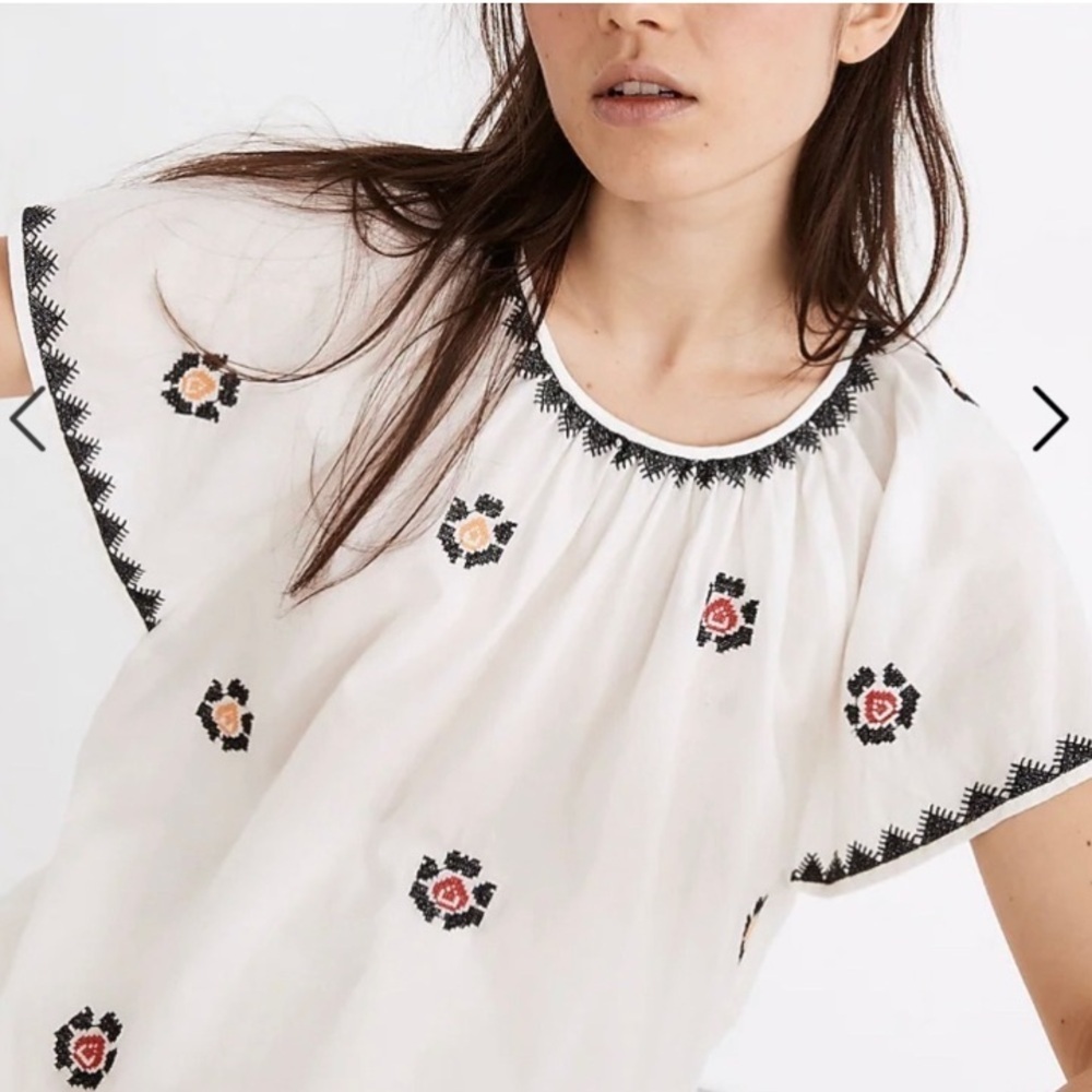 Madewell slightly sheer white cotton top w/ black, red & yellow embroidery. S - Picture 3 of 8